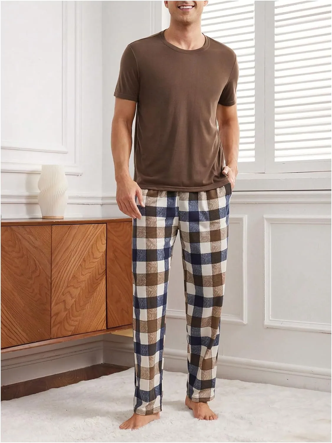 Men's 2 Piece Pajama Sets Solid Short Sleeve Shirt Top and Plaid Pants Pajamas Set Sleepwear Pj Sets