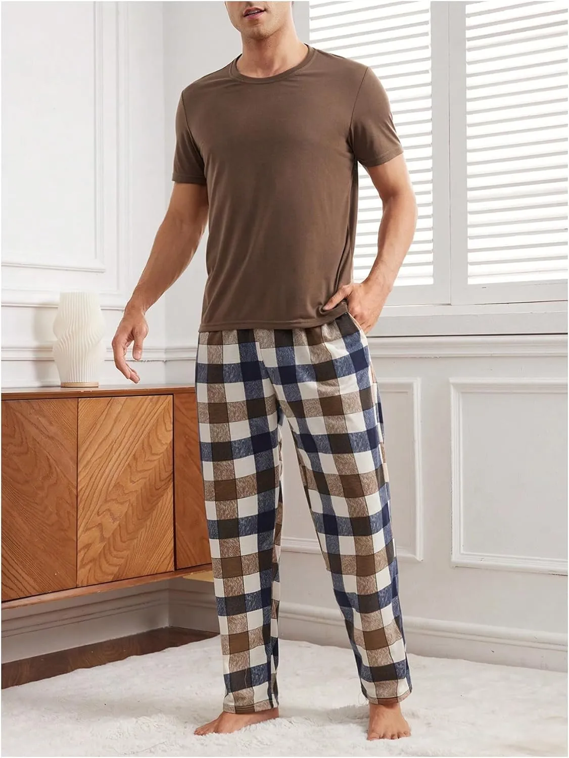 Men's 2 Piece Pajama Sets Solid Short Sleeve Shirt Top and Plaid Pants Pajamas Set Sleepwear Pj Sets