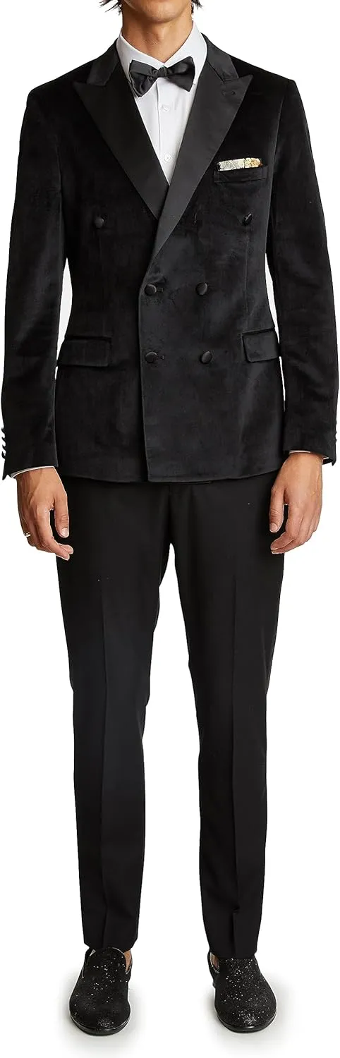Men's 2 Piece Velvet Mens Suit Double-Breasted Slim Fit Wedding Groomsmen Tuxedos Jacket & Pants