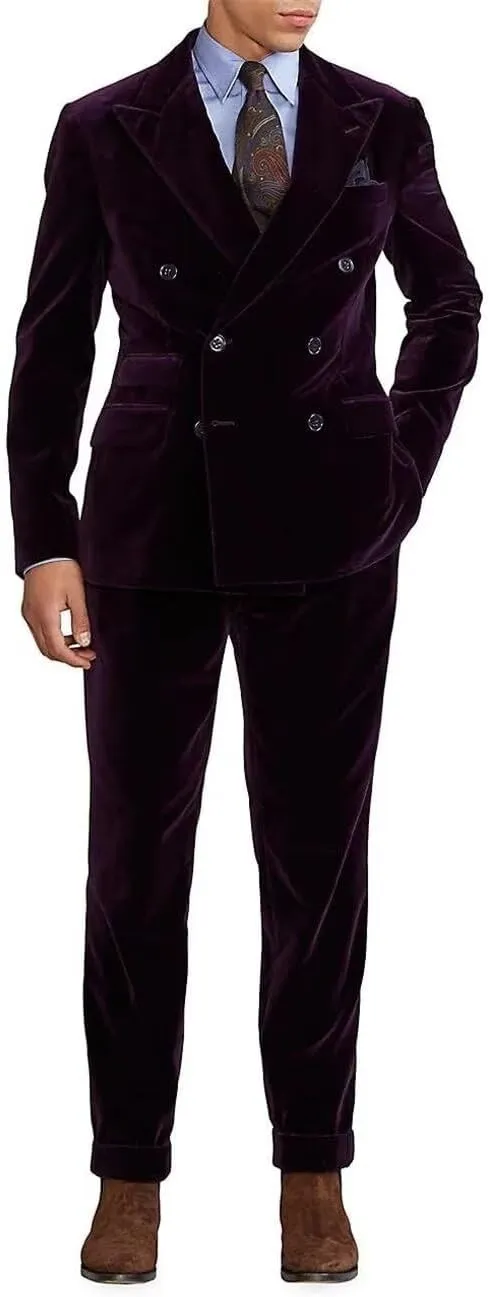 Men's 2 Piece Velvet Suits Slim Fit Double Breasted Suits Formal Wedding Prom Dinner Party Blazer Pants Set