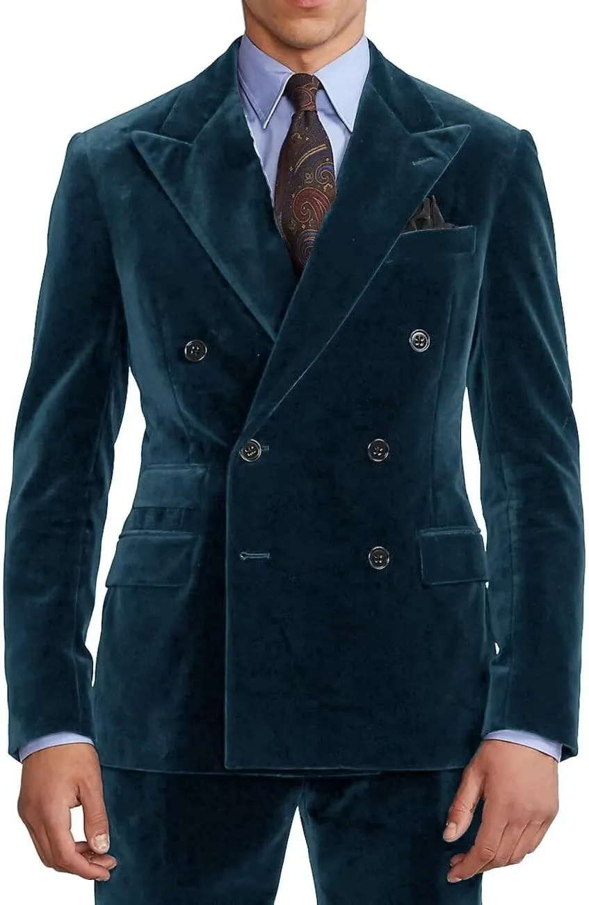Men's 2 Piece Velvet Suits Slim Fit Double Breasted Suits Formal Wedding Prom Dinner Party Blazer Pants Set