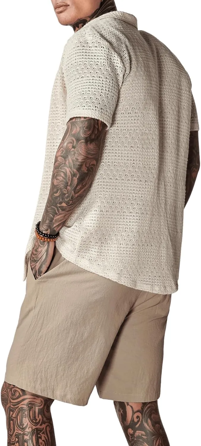 Men's 3 Pieces Outfit Sleeveless Tank Top and Drawstring Waist Shorts Set with Button Down Shirt