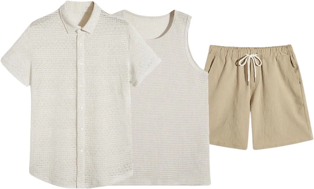 Men's 3 Pieces Outfit Sleeveless Tank Top and Drawstring Waist Shorts Set with Button Down Shirt