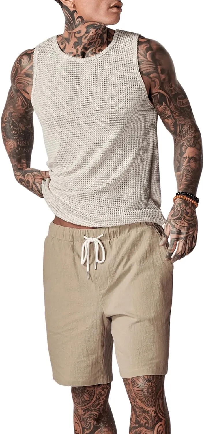 Men's 3 Pieces Outfit Sleeveless Tank Top and Drawstring Waist Shorts Set with Button Down Shirt