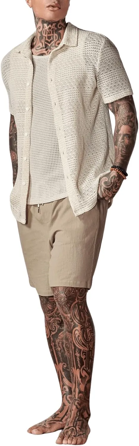 Men's 3 Pieces Outfit Sleeveless Tank Top and Drawstring Waist Shorts Set with Button Down Shirt