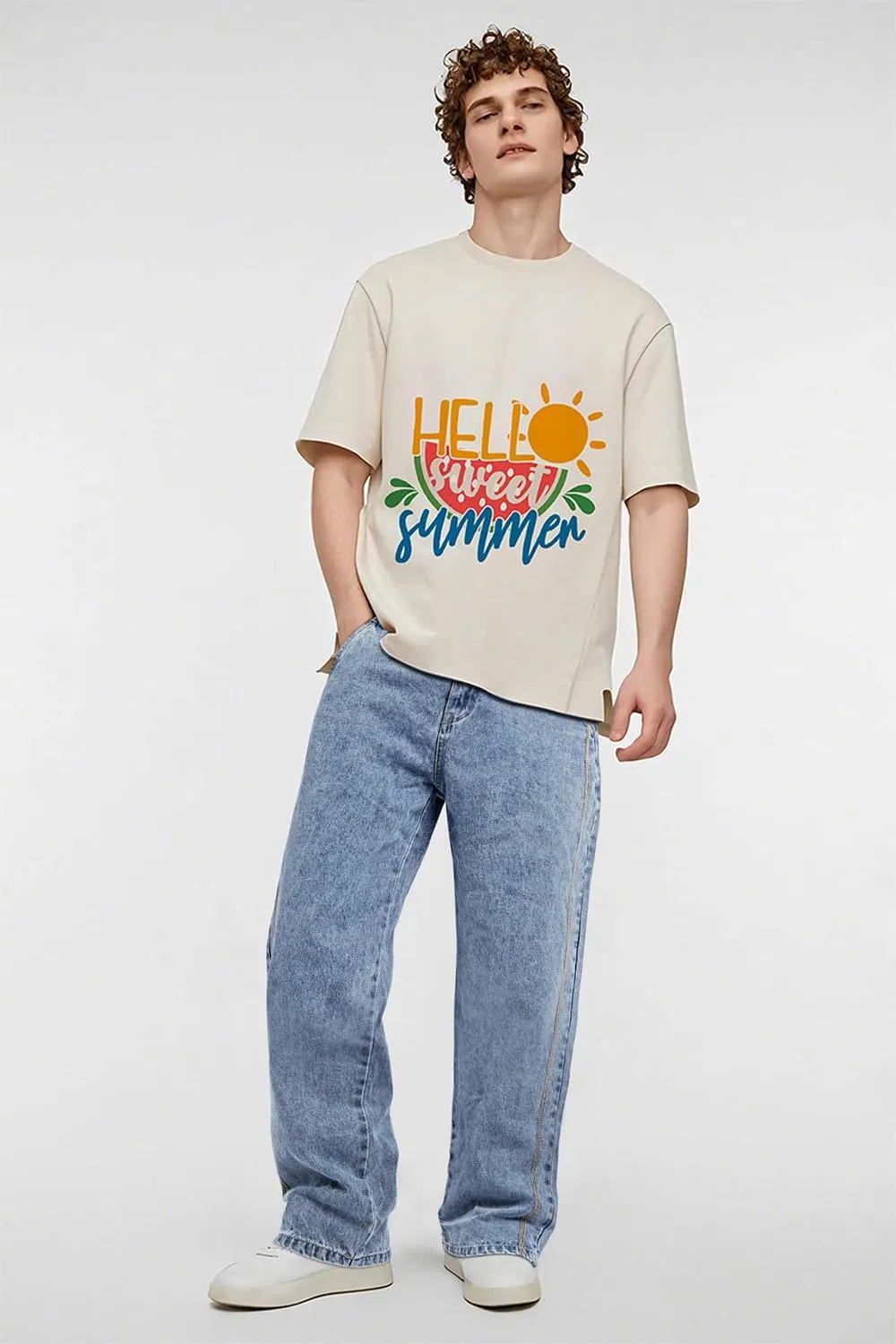 Mens Baggy Jeans Elastic Waisted Denim Pants for Men with Drawstring Streetwear