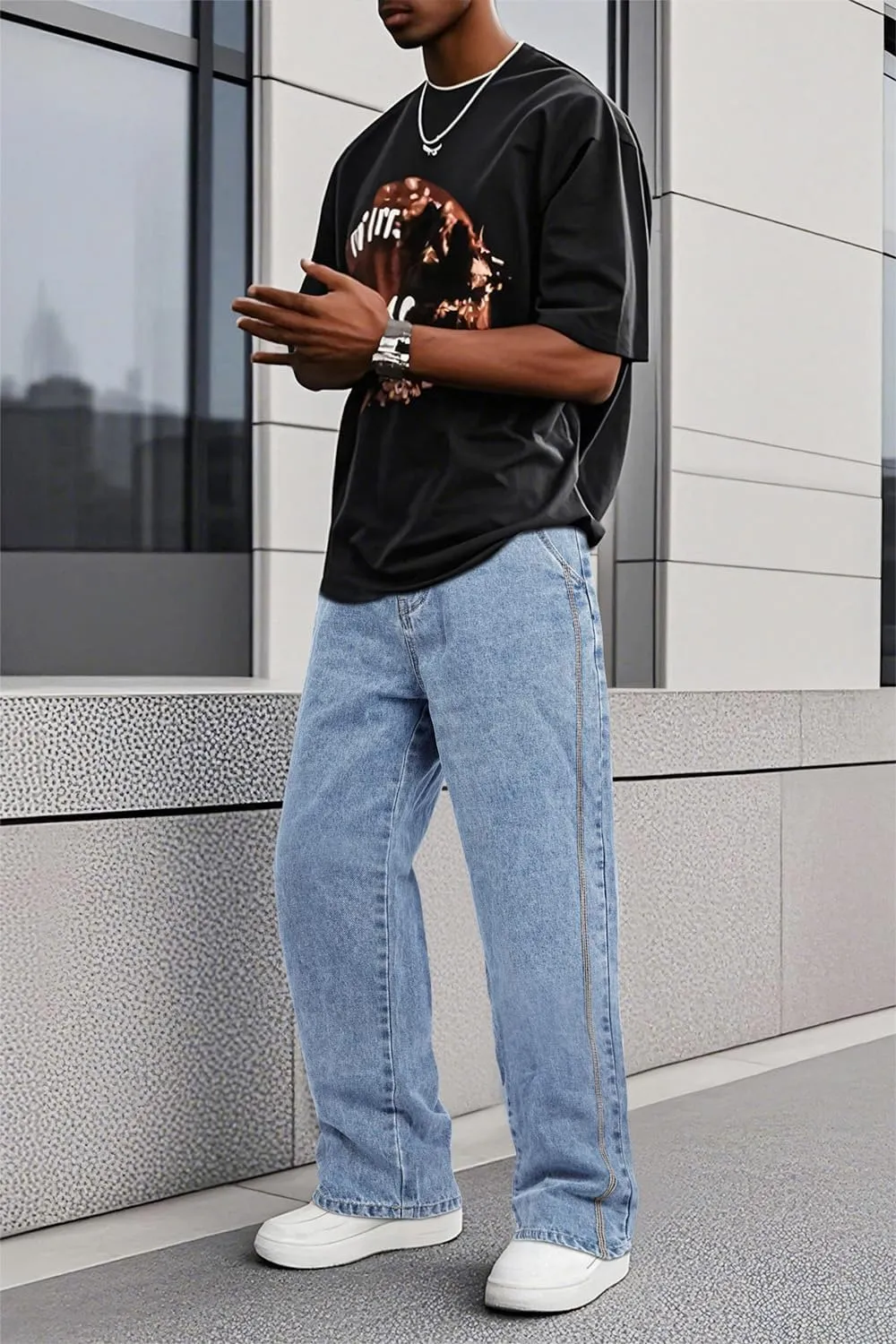 Mens Baggy Jeans Elastic Waisted Denim Pants for Men with Drawstring Streetwear