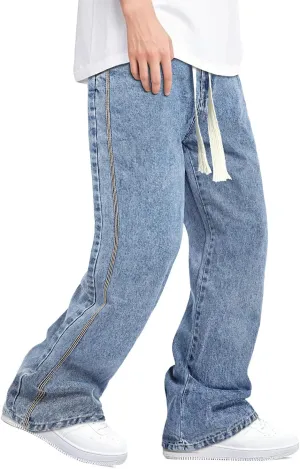 Mens Baggy Jeans Elastic Waisted Denim Pants for Men with Drawstring Streetwear