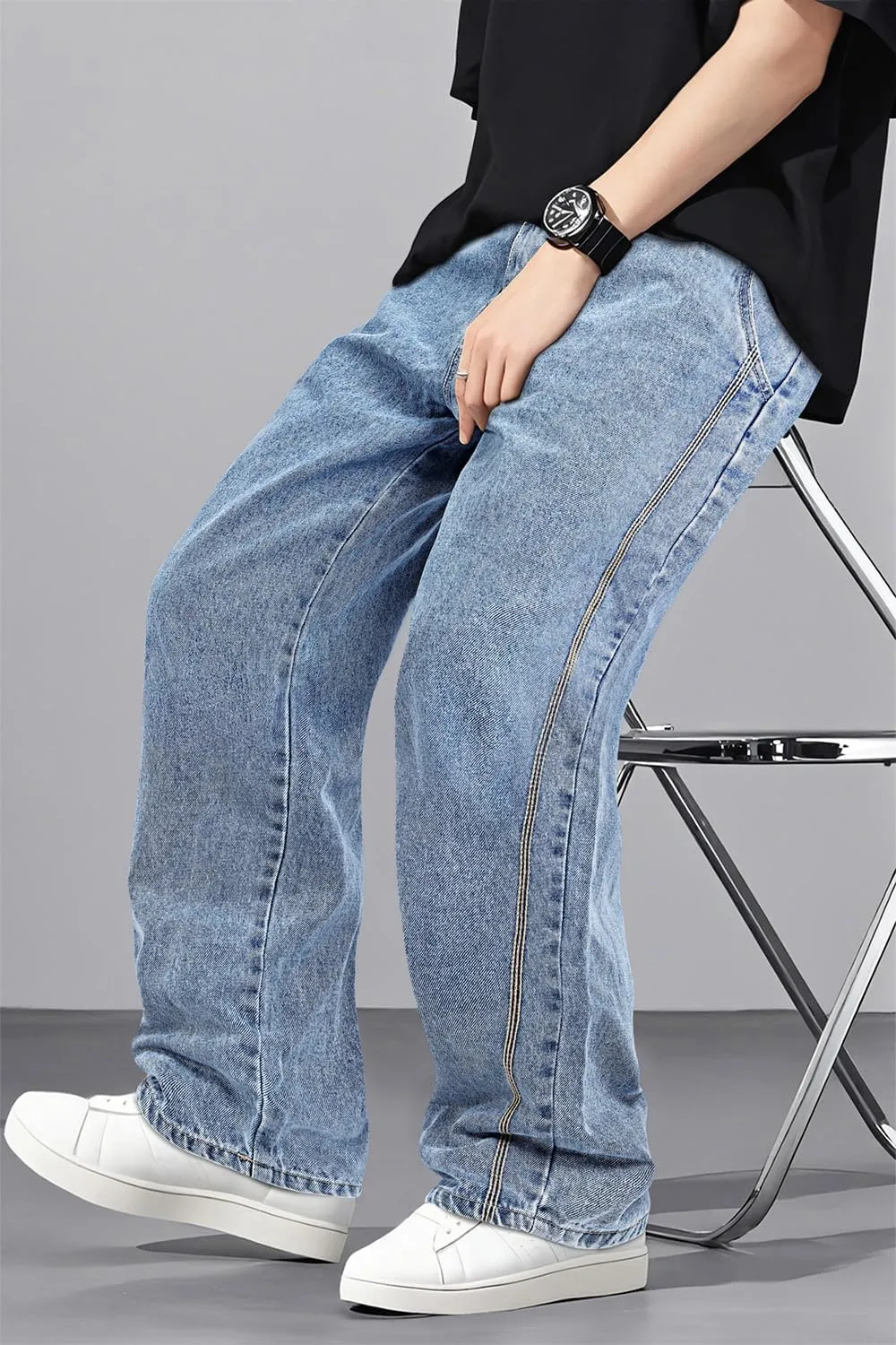 Mens Baggy Jeans Elastic Waisted Denim Pants for Men with Drawstring Streetwear