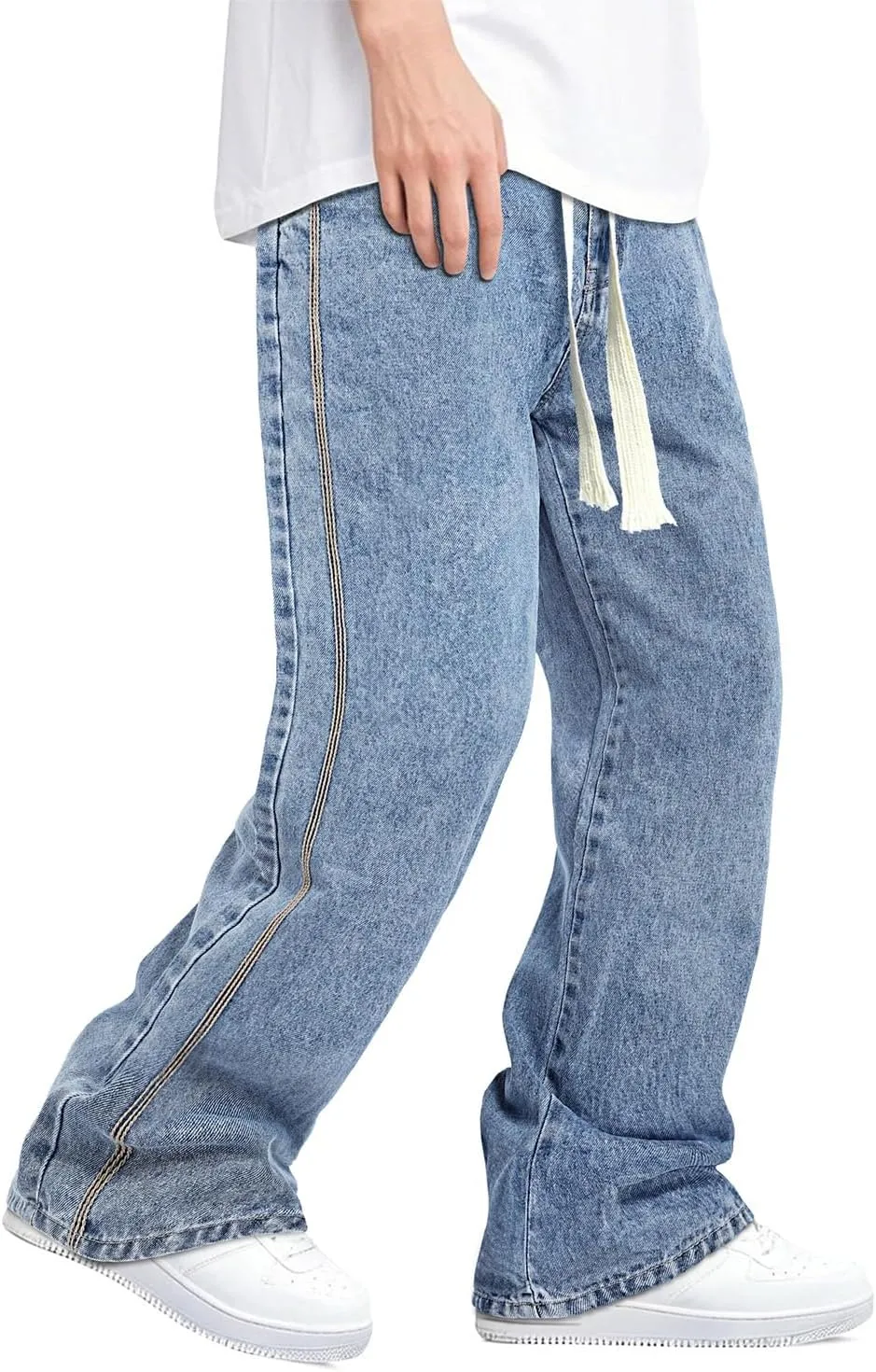 Mens Baggy Jeans Elastic Waisted Denim Pants for Men with Drawstring Streetwear