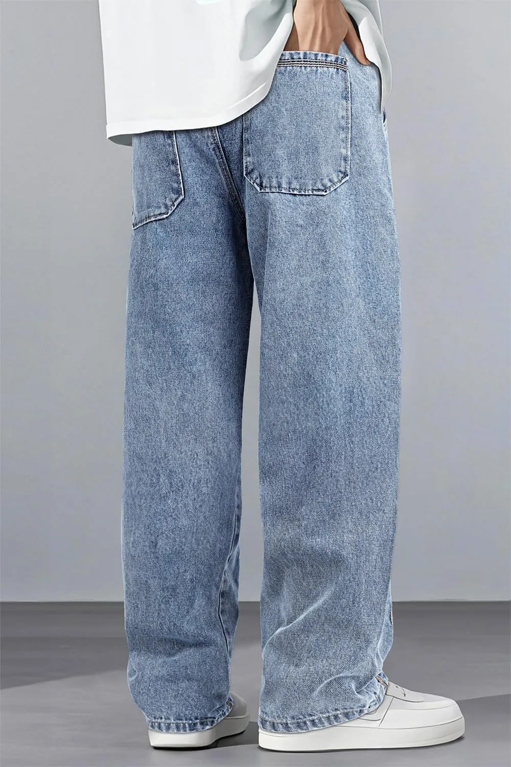 Mens Baggy Jeans Elastic Waisted Denim Pants for Men with Drawstring Streetwear