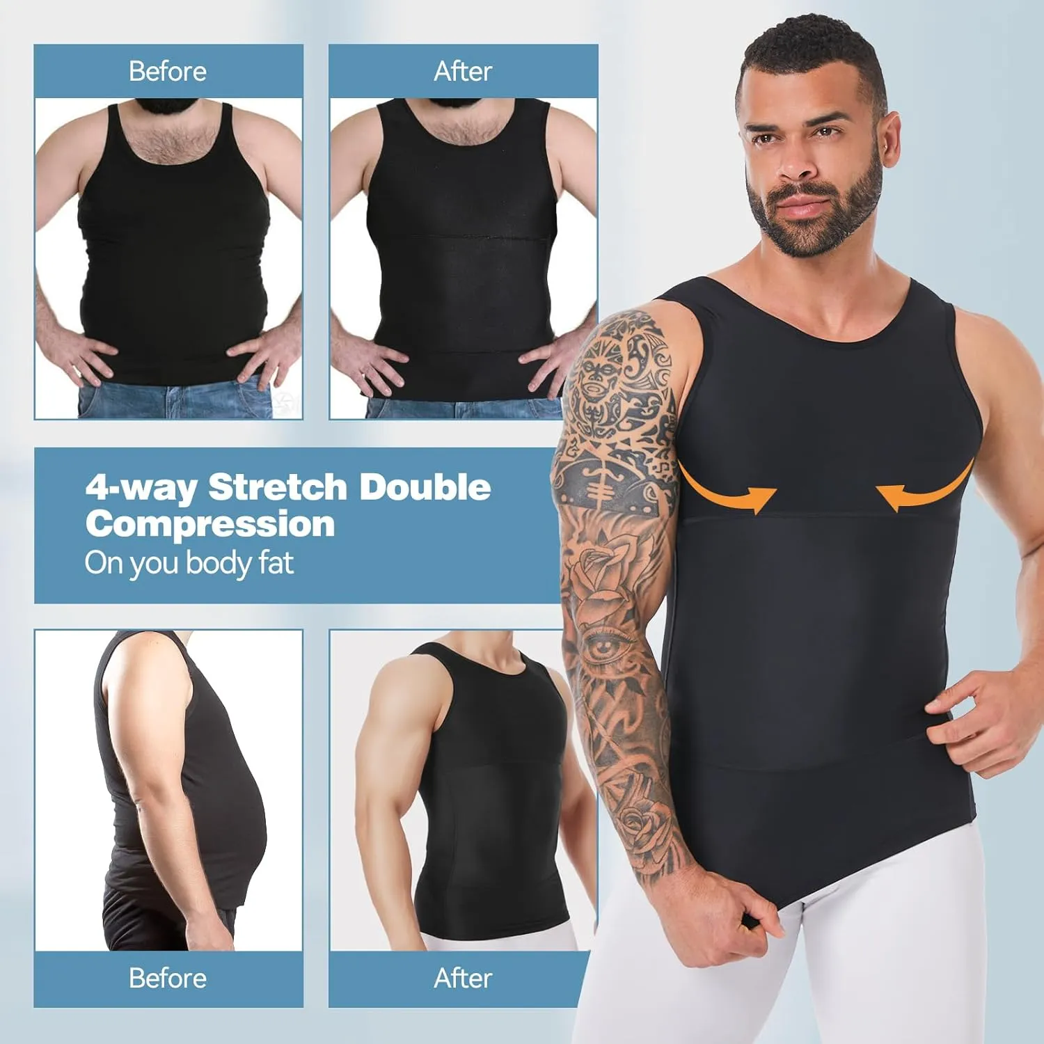 Mens Body Shaper, Compression Shapewear Vest Slimming Undershirt Tank Top, Tummy Control Chest, Hide Gynecomastia