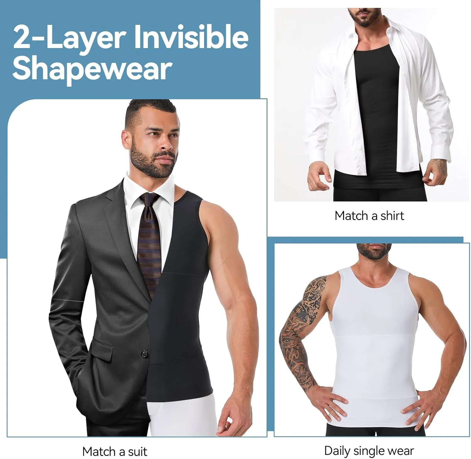Mens Body Shaper, Compression Shapewear Vest Slimming Undershirt Tank Top, Tummy Control Chest, Hide Gynecomastia