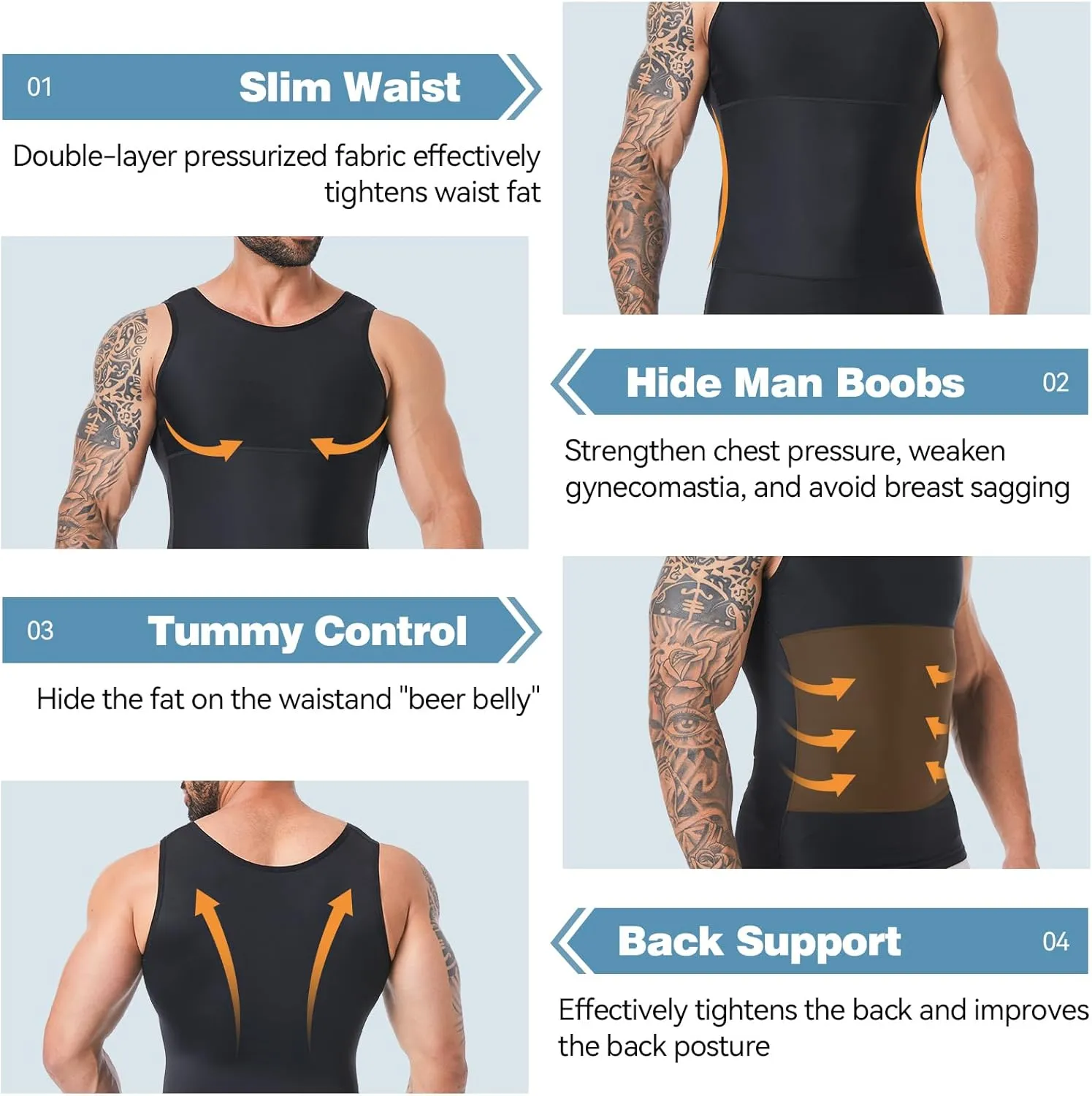 Mens Body Shaper, Compression Shapewear Vest Slimming Undershirt Tank Top, Tummy Control Chest, Hide Gynecomastia