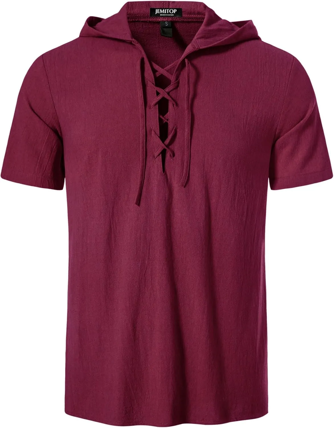 Men's Cotton Vintage Hooded Design Short Sleeve Lace up Shirts for Renaissance Pirate Viking Medieval Costume