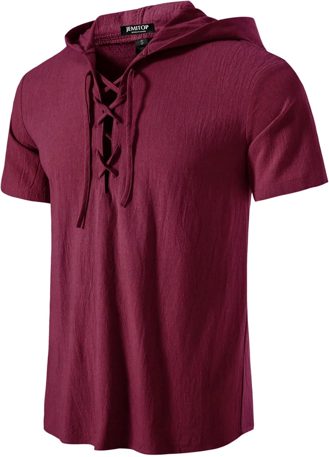 Men's Cotton Vintage Hooded Design Short Sleeve Lace up Shirts for Renaissance Pirate Viking Medieval Costume