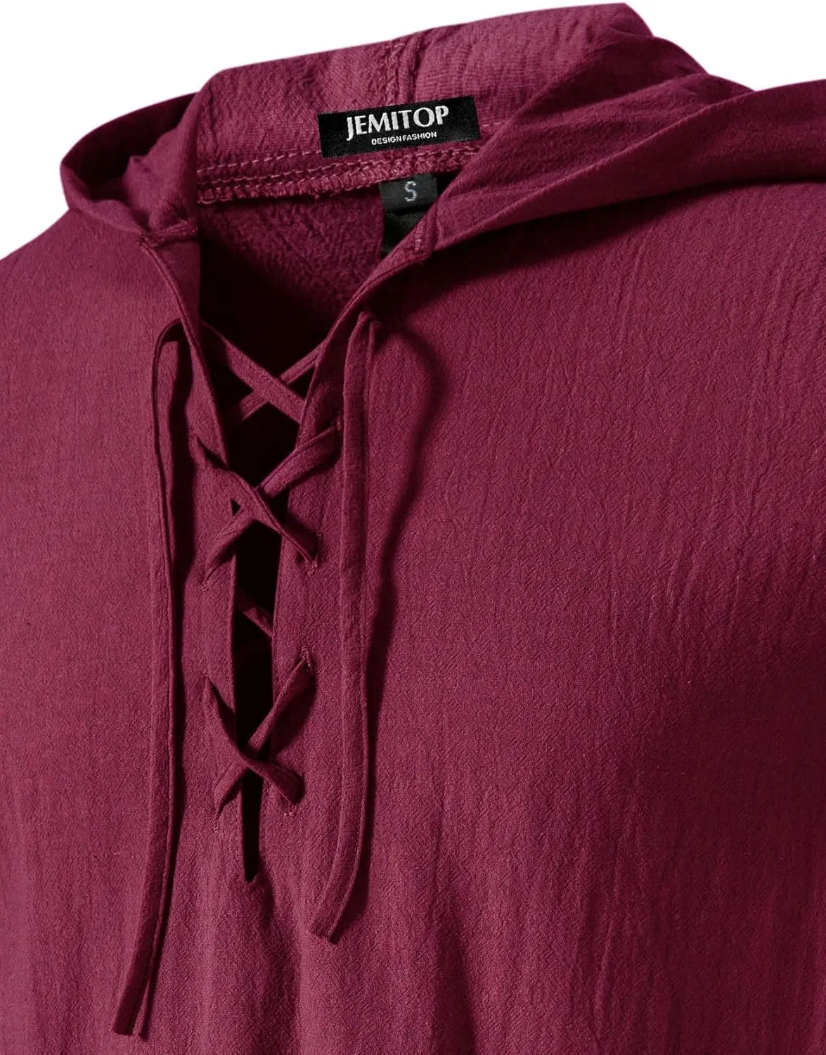 Men's Cotton Vintage Hooded Design Short Sleeve Lace up Shirts for Renaissance Pirate Viking Medieval Costume
