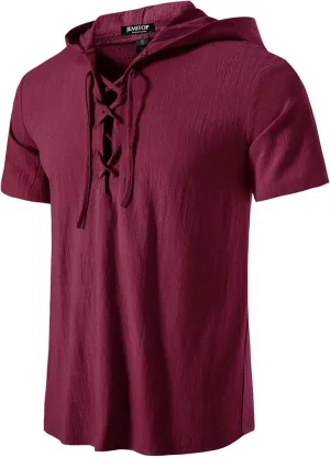 Men's Cotton Vintage Hooded Design Short Sleeve Lace up Shirts for Renaissance Pirate Viking Medieval Costume