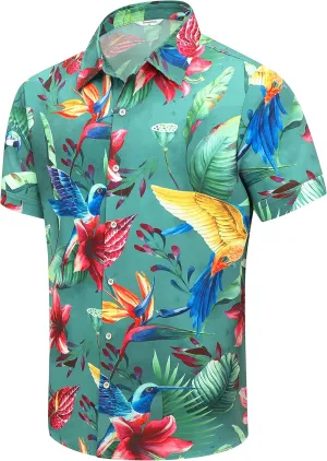 Mens Hawaiian Shirt, Short Sleeves Button Down Beach Clothing, Unisex Summer Flamingos Casual Aloha Floral Shirts