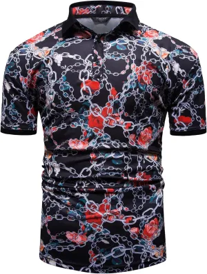 Mens Luxury Polo Shirts Black Gold Short Sleeve Baroque Chain Print Casual Wicking Golf Flower T-Shirt