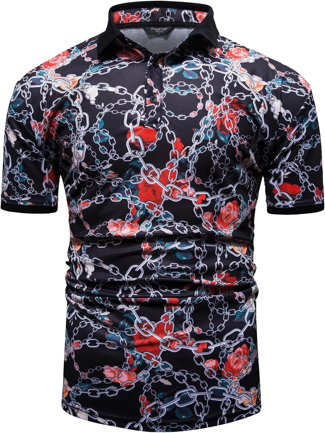 Mens Luxury Polo Shirts Black Gold Short Sleeve Baroque Chain Print Casual Wicking Golf Flower T-Shirt
