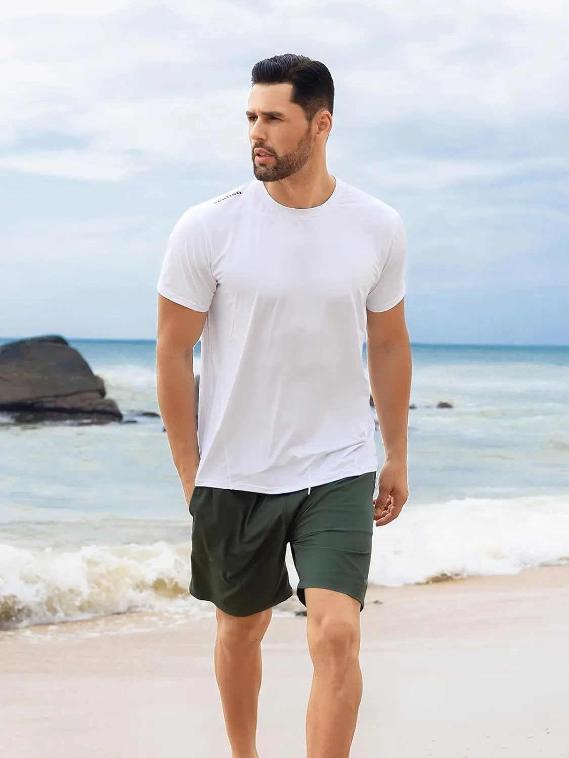 Men's Rash Guard Swim Shirts UPF 50  Short Sleeve Fishing Quick Dry Beach-Recommended Larger one