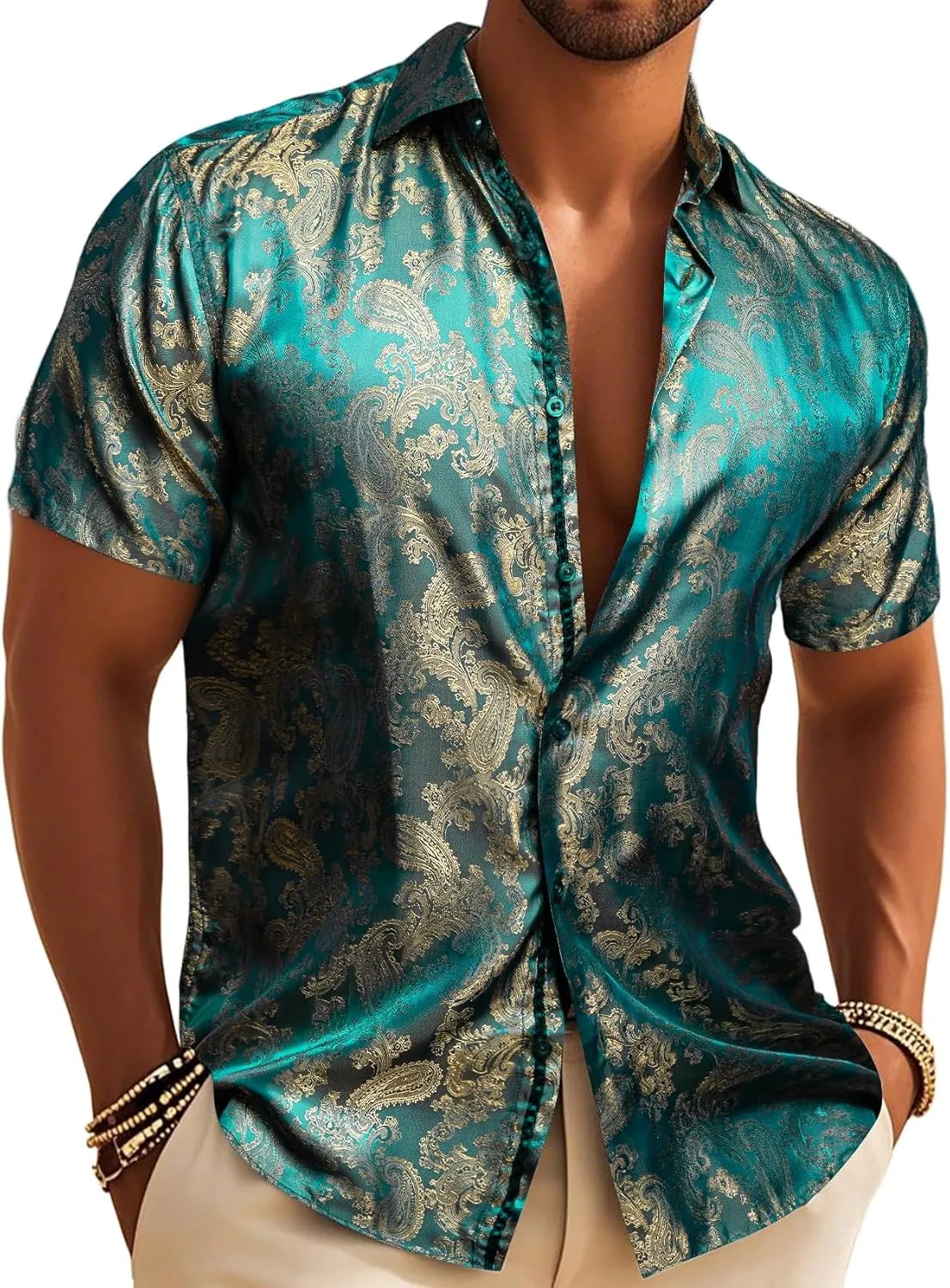 Men's Silk Shirt Paisley Floral Jacquard Short Sleeve Button Down Dress Shirts Formal Casual Wedding Party