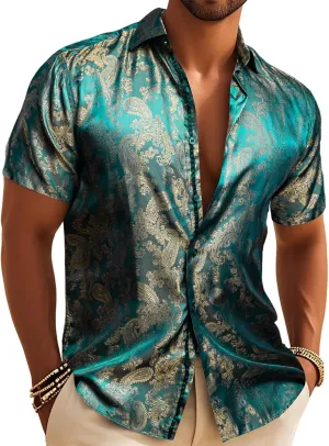 Men's Silk Shirt Paisley Floral Jacquard Short Sleeve Button Down Dress Shirts Formal Casual Wedding Party
