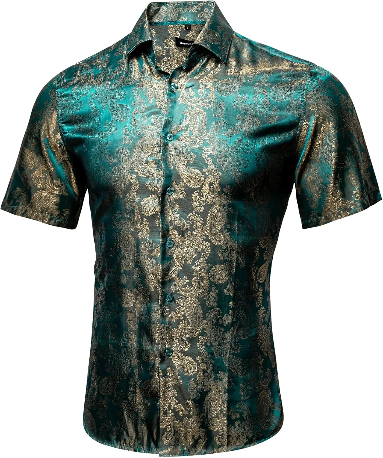 Men's Silk Shirt Paisley Floral Jacquard Short Sleeve Button Down Dress Shirts Formal Casual Wedding Party
