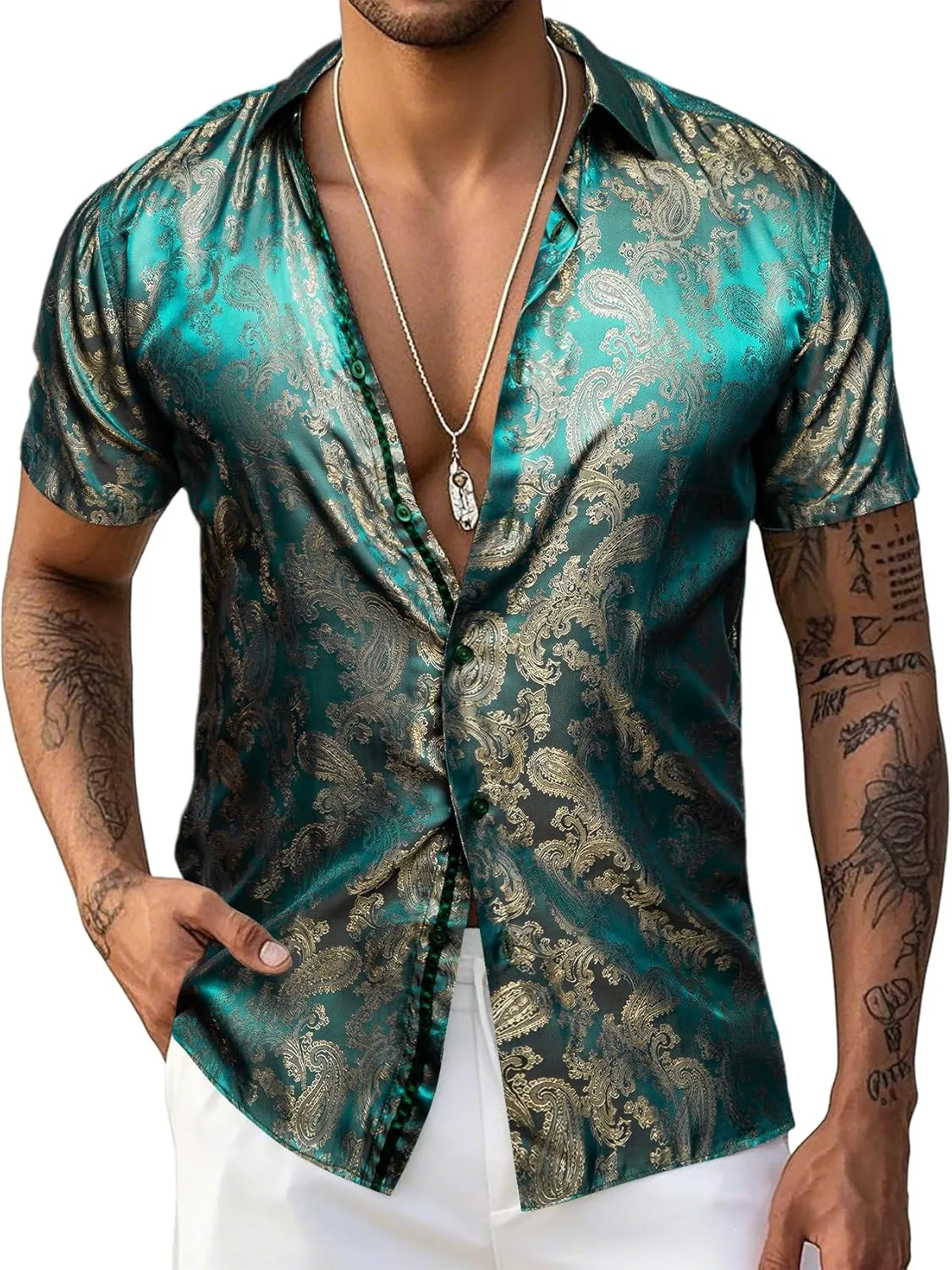 Men's Silk Shirt Paisley Floral Jacquard Short Sleeve Button Down Dress Shirts Formal Casual Wedding Party
