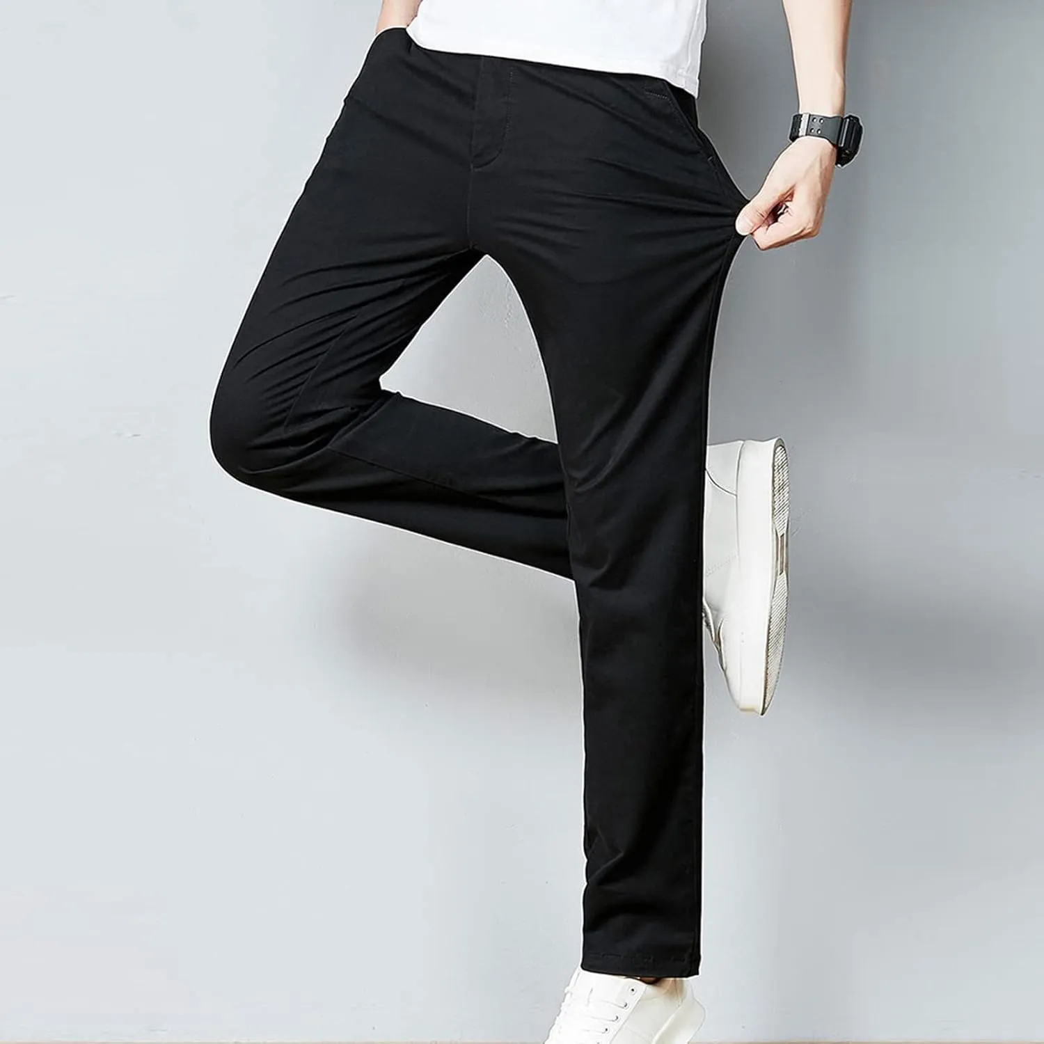 Men's Slim Fit Flat Front Pants Classic Stretch Dress Business Suit Pant Casual Straight Fit Chino Golf Pant