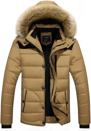 Mens Winter Jacket Faux Fur Hood Windbreaker Cotton Padded Thicken Coat