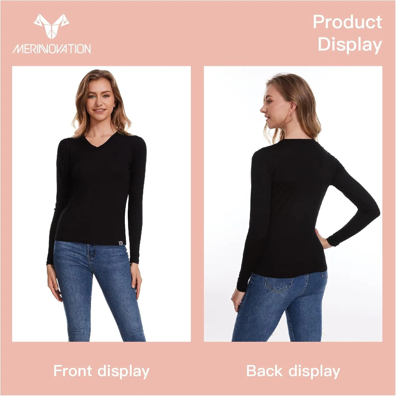 Merino Wool Base Layer Women 100% Merino Wool Long Sleeve Thermal Shirts for Women for Skiing Hiking Womens V Neck Top