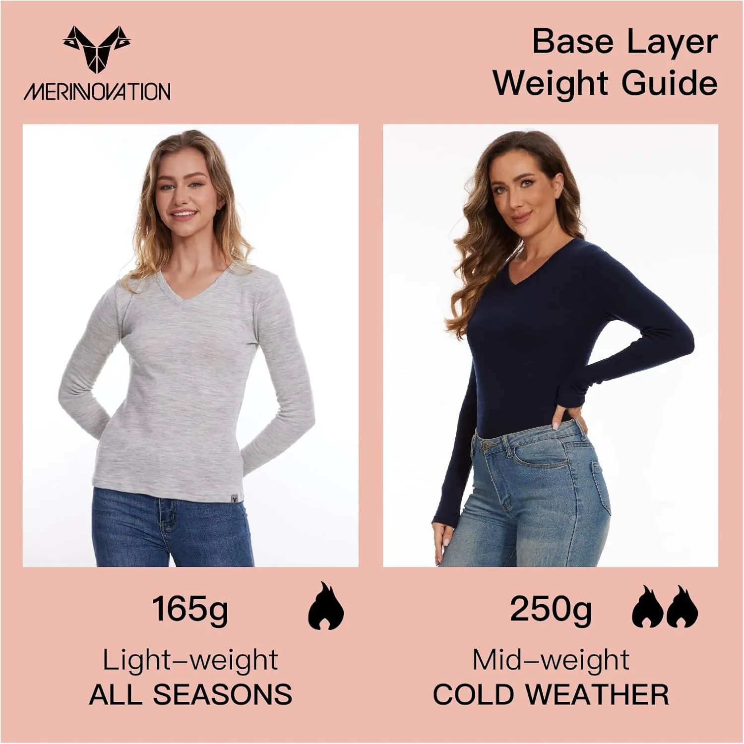 Merino Wool Base Layer Women 100% Merino Wool Long Sleeve Thermal Shirts for Women for Skiing Hiking Womens V Neck Top
