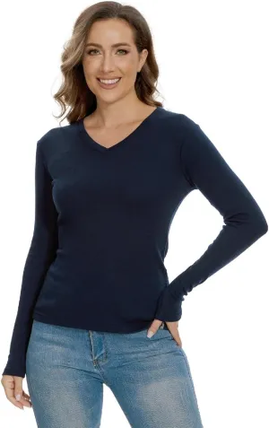 Merino Wool Base Layer Women 100% Merino Wool Long Sleeve Thermal Shirts for Women for Skiing Hiking Womens V Neck Top