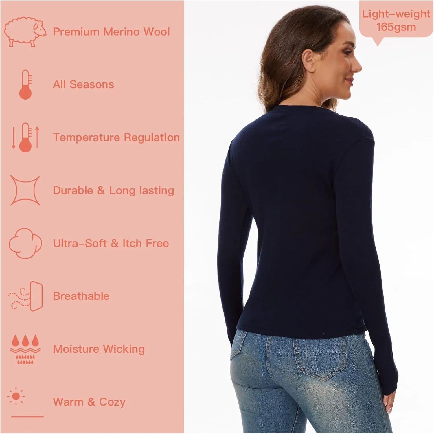 Merino Wool Base Layer Women 100% Merino Wool Long Sleeve Thermal Shirts for Women for Skiing Hiking Womens V Neck Top