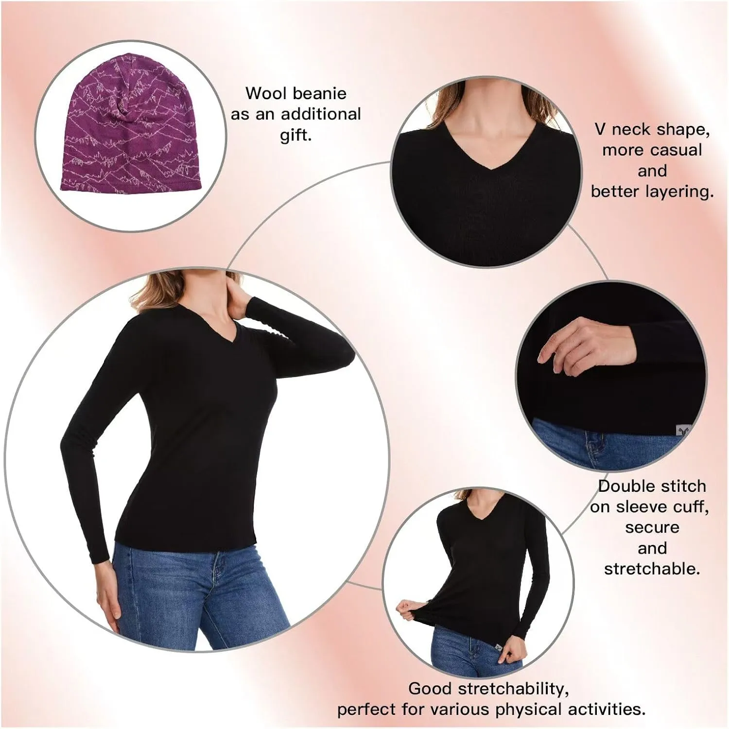 Merino Wool Base Layer Women 100% Merino Wool Long Sleeve Thermal Shirts for Women for Skiing Hiking Womens V Neck Top
