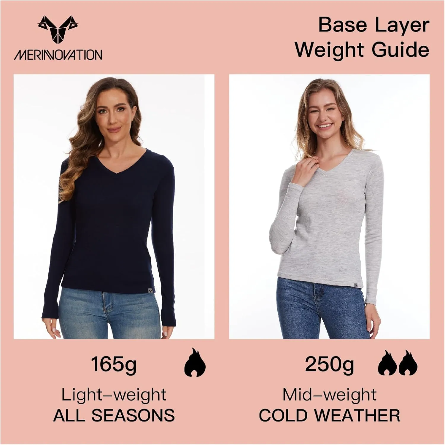 Merino Wool Base Layer Women 100% Merino Wool Long Sleeve Thermal Shirts for Women for Skiing Hiking Womens V Neck Top