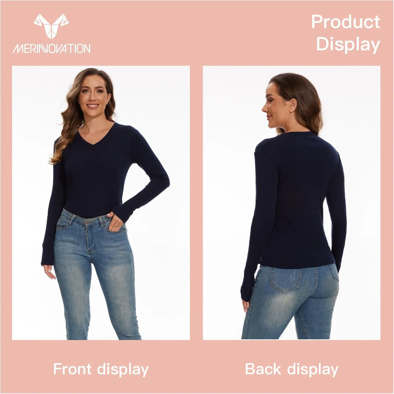 Merino Wool Base Layer Women 100% Merino Wool Long Sleeve Thermal Shirts for Women for Skiing Hiking Womens V Neck Top
