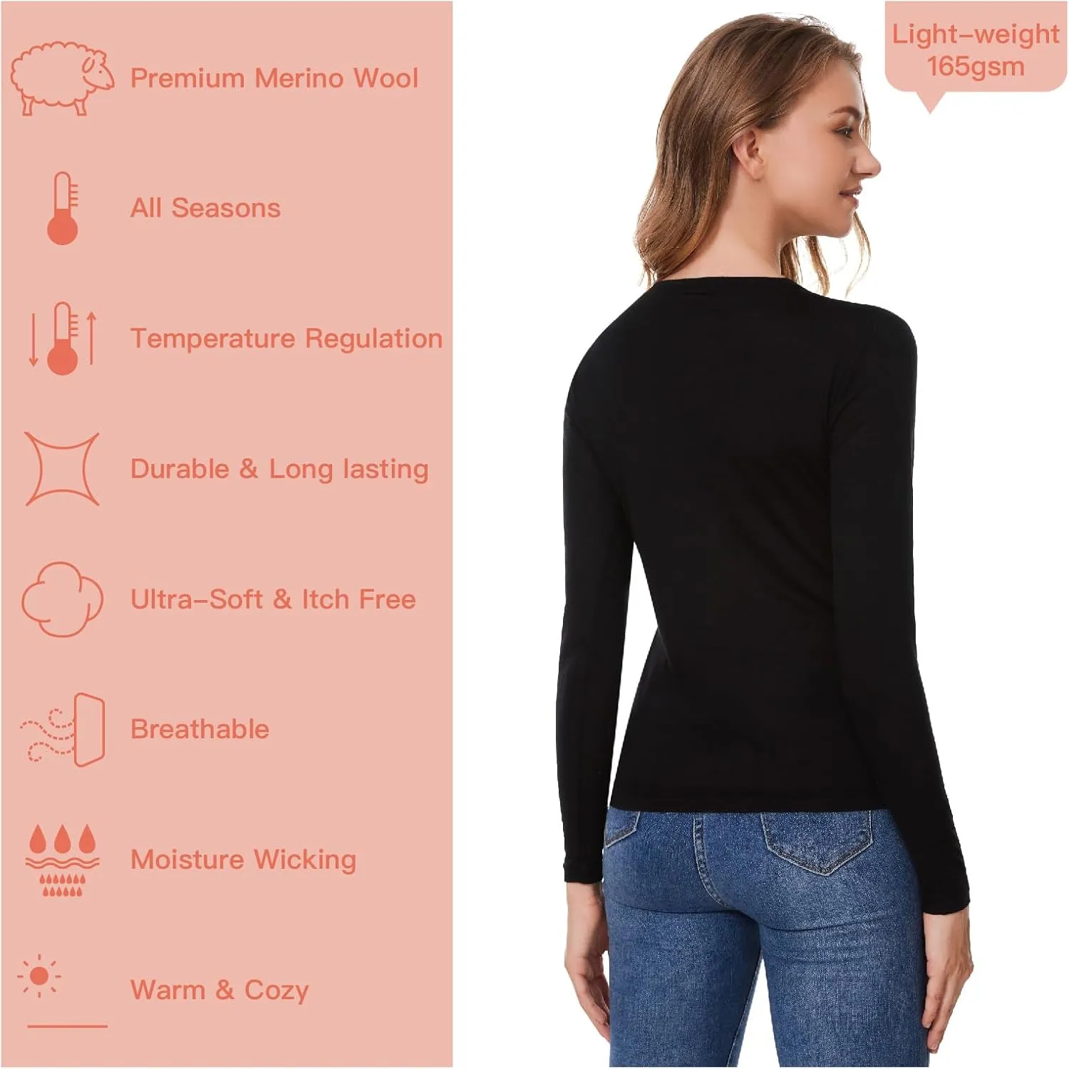 Merino Wool Base Layer Women 100% Merino Wool Long Sleeve Thermal Shirts for Women for Skiing Hiking Womens V Neck Top