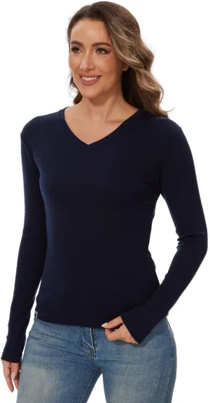 Merino Wool Base Layer Women 100% Merino Wool Long Sleeve Thermal Shirts for Women for Skiing Hiking Womens V Neck Top