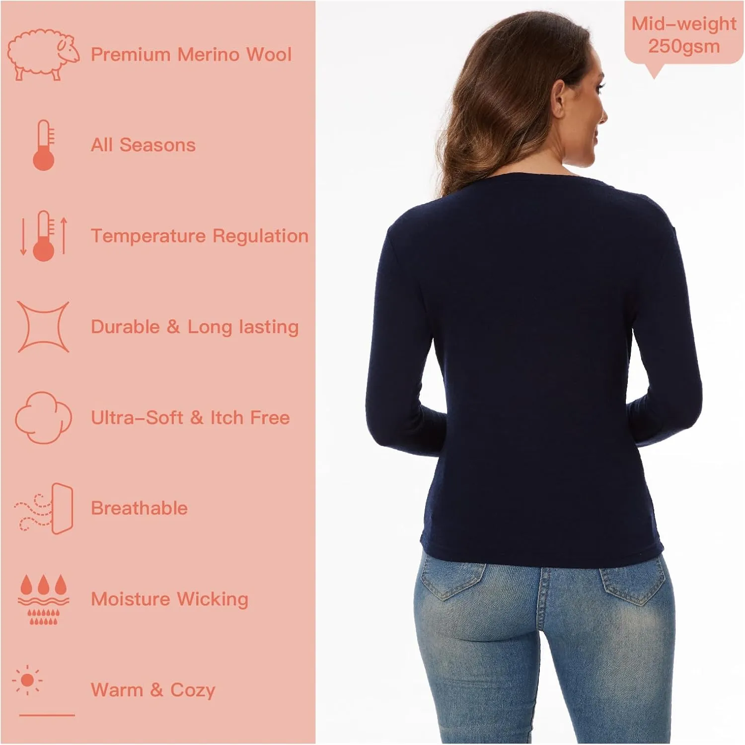 Merino Wool Base Layer Women 100% Merino Wool Long Sleeve Thermal Shirts for Women for Skiing Hiking Womens V Neck Top
