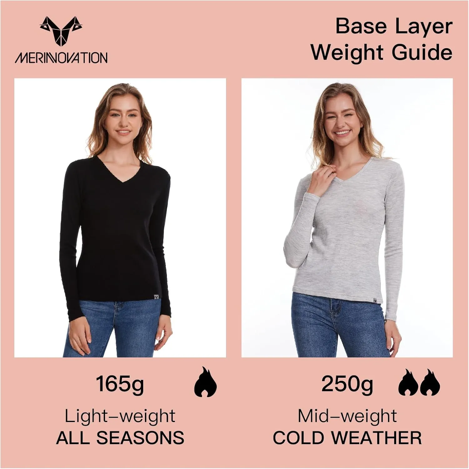 Merino Wool Base Layer Women 100% Merino Wool Long Sleeve Thermal Shirts for Women for Skiing Hiking Womens V Neck Top