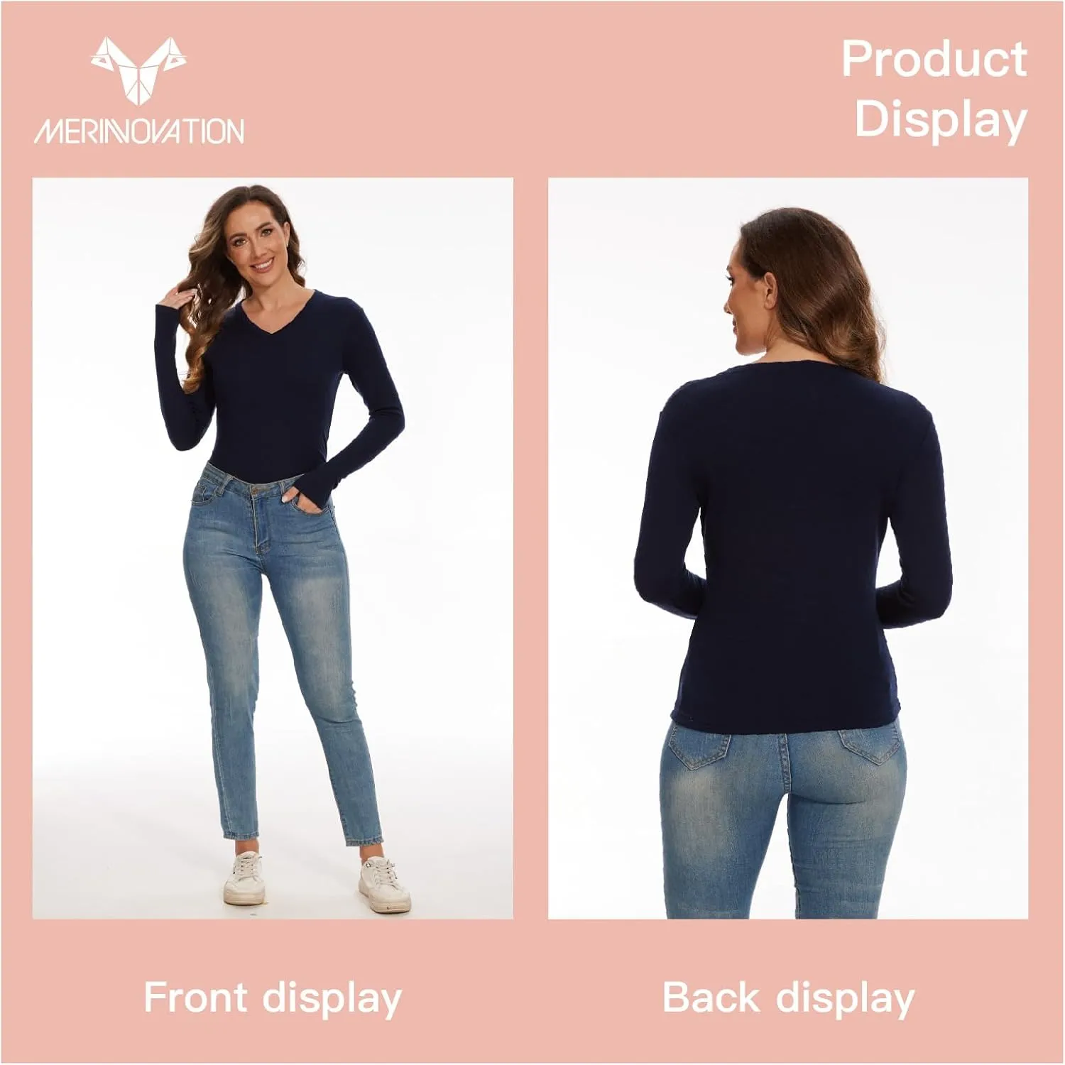 Merino Wool Base Layer Women 100% Merino Wool Long Sleeve Thermal Shirts for Women for Skiing Hiking Womens V Neck Top