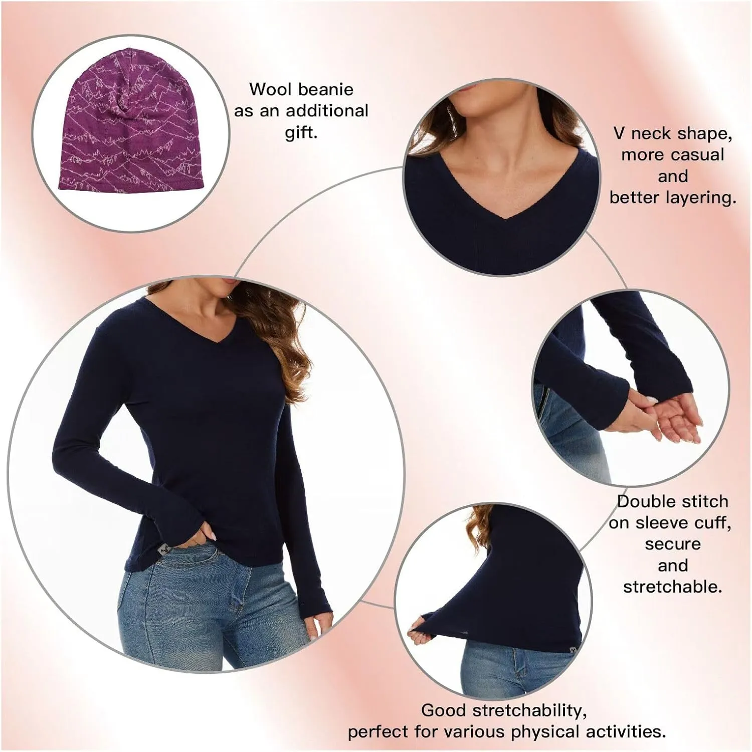 Merino Wool Base Layer Women 100% Merino Wool Long Sleeve Thermal Shirts for Women for Skiing Hiking Womens V Neck Top
