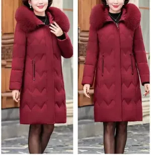 Middle Aged Mother Down Cotton-Padded Jacket Women Winter Loose Hooded Collar Coat Thicken Mid-Long Parkas