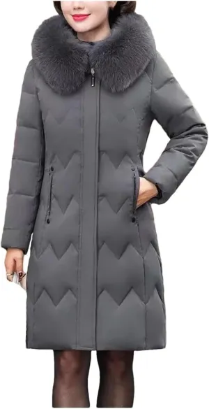 Middle Aged Mother Down Cotton-Padded Jacket Women Winter Loose Hooded Collar Coat Thicken Mid-Long Parkas