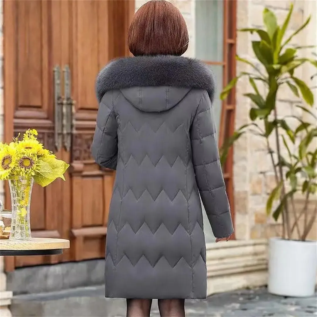 Middle Aged Mother Down Cotton-Padded Jacket Women Winter Loose Hooded Collar Coat Thicken Mid-Long Parkas