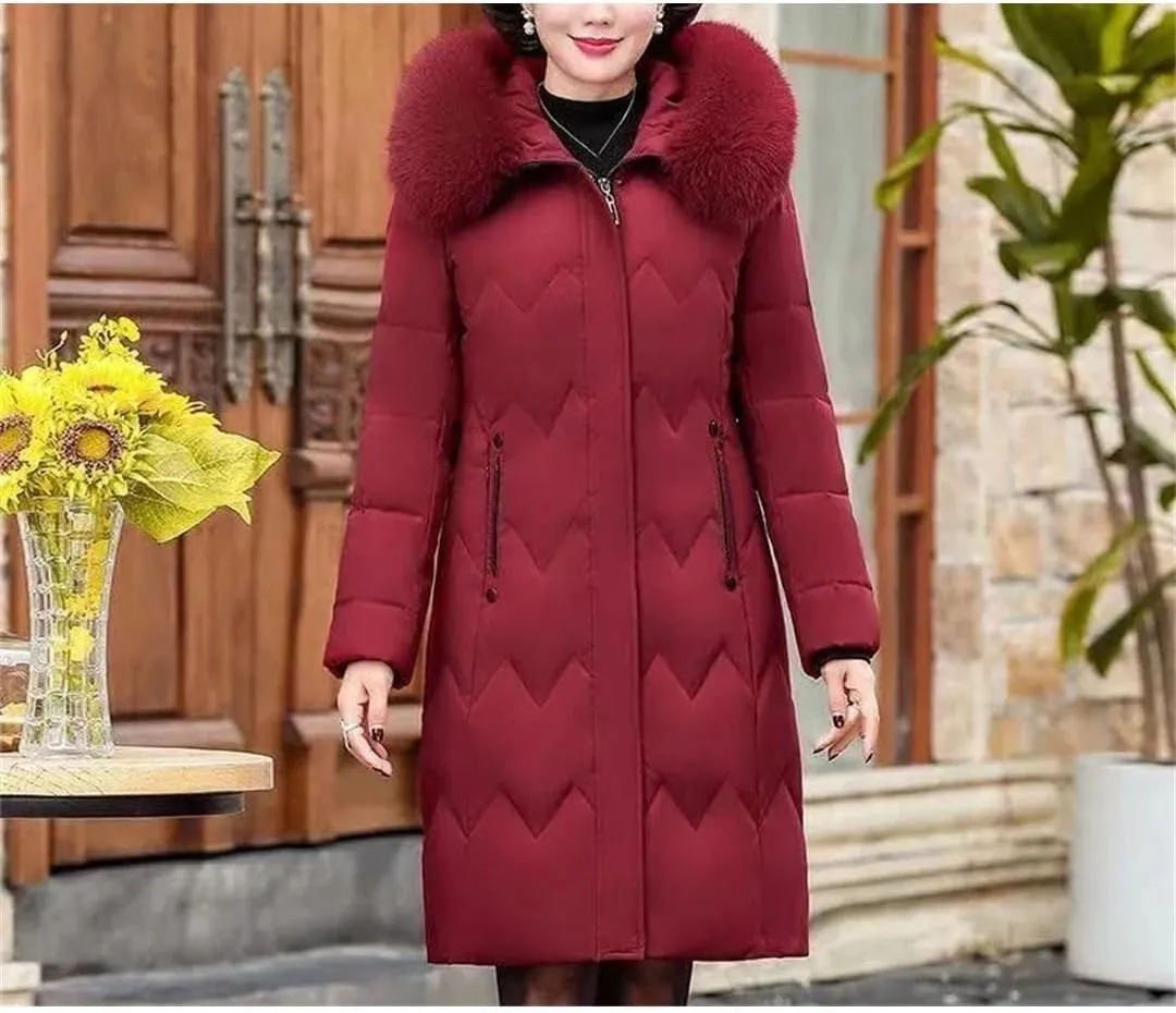 Middle Aged Mother Down Cotton-Padded Jacket Women Winter Loose Hooded Collar Coat Thicken Mid-Long Parkas