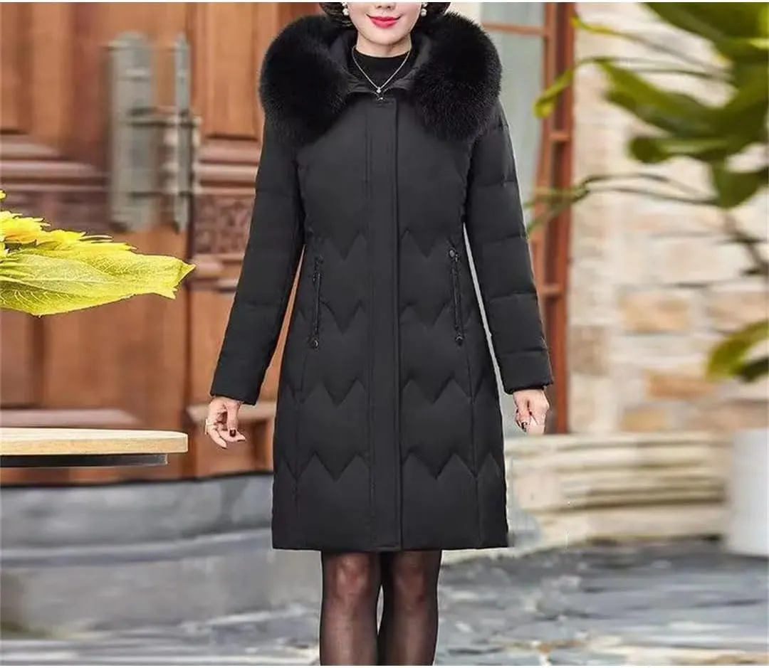 Middle Aged Mother Down Cotton-Padded Jacket Women Winter Loose Hooded Collar Coat Thicken Mid-Long Parkas